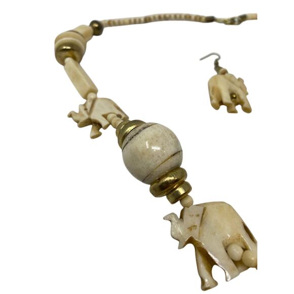 Carved Elephant Pendant Vintage Bovine Bone Bead Necklaces Lot, Used - Picture 7 of 8